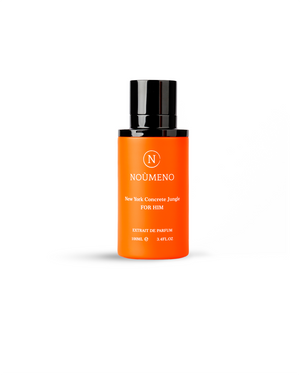 Orange perfume bottle with black cap on a white background